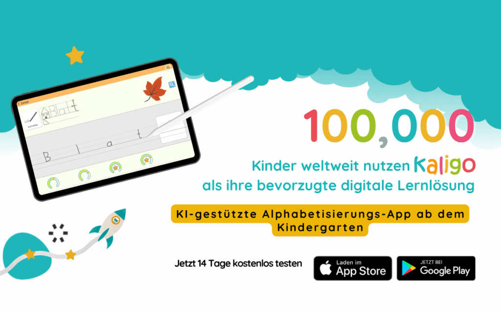 Kaligo App wird auf einem Tablet angezeigt, das Wort Blatt wird mit einem Stiff geschrieben 