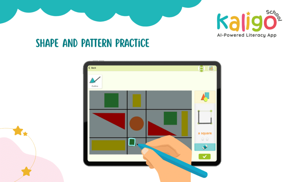 a hand drawing the outline of shapes on a tablet device with a stylus