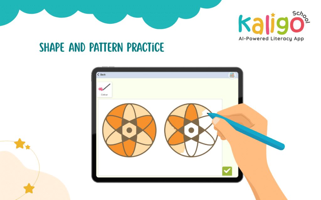 a hand coloring a mandala on a tablet device with a stylus