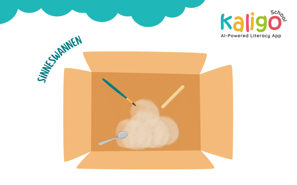 Sinneswanne mit einer Kartonbox, mit Sand, Pinsel und Löffel