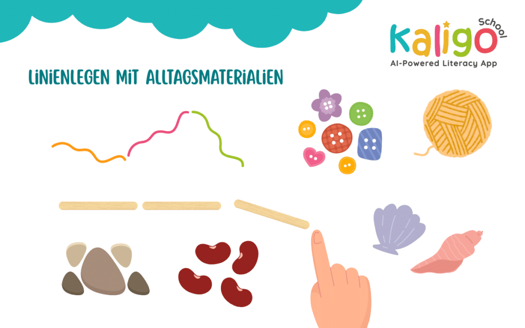 Linienlegen mit Knöpfen, Muscheln, Bohnen und Steinen