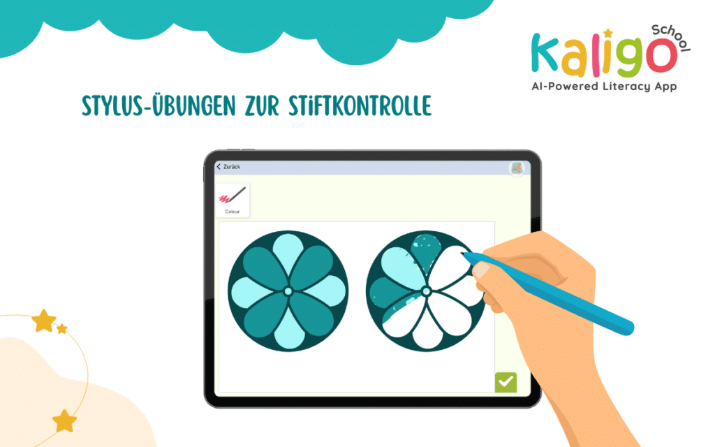 Hand welche ein Mandala auf einem Tablet ausmalt