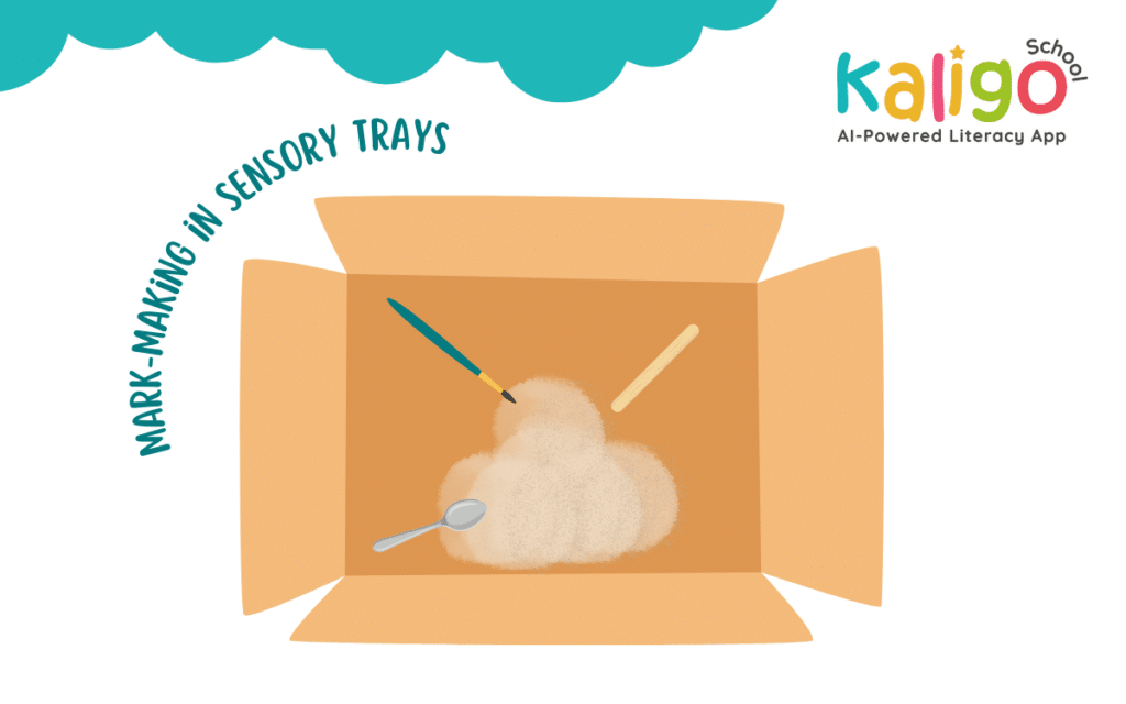 a sensory tray with a paintbrush, sand, a stick and a spoon in it