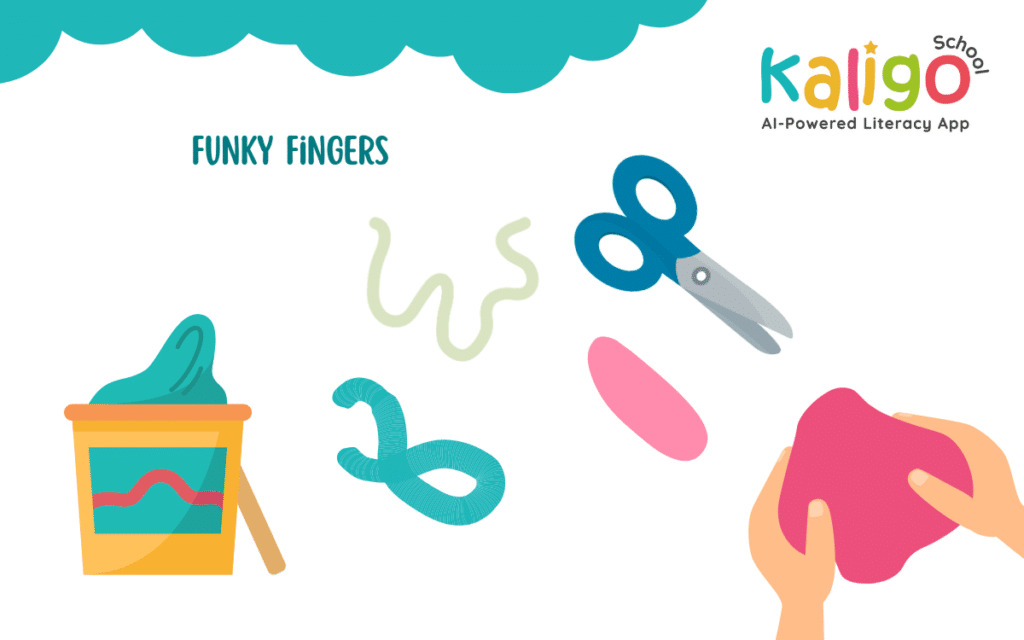 play dough, modeling clay shapes, scissor and hands holding some play dough