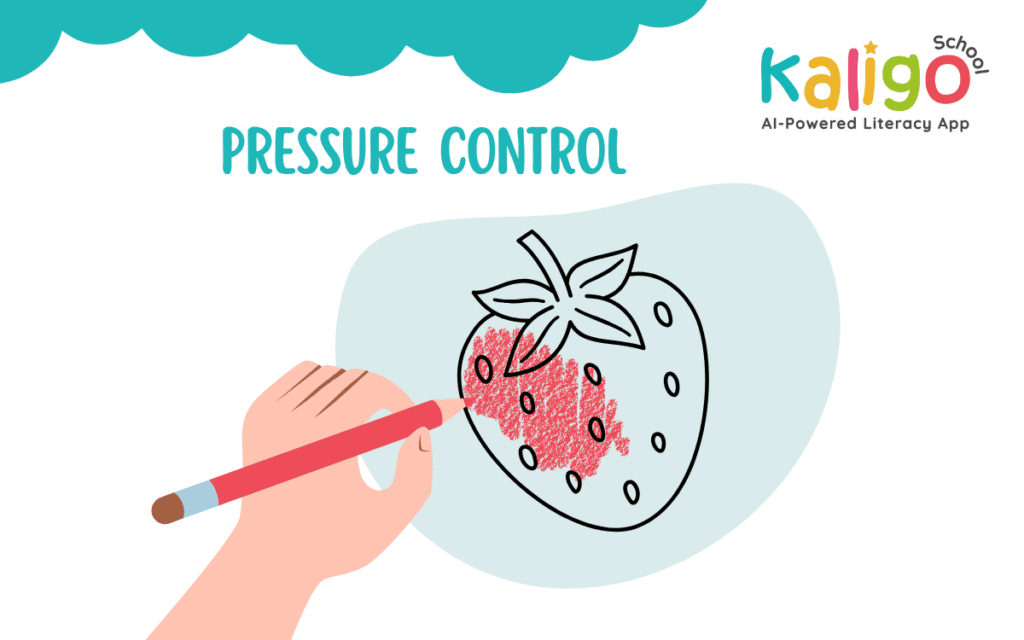 A hand holding a red colouring pencil is colouring out a strawberry