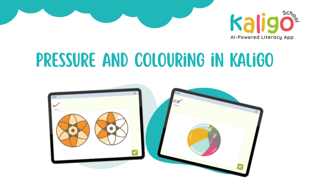 Two tablets showing a colouring image of a mandala and a scratching exercise of a beach ball