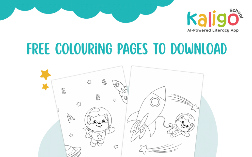 two colouring pages of an astronaut cat in space and a rocket