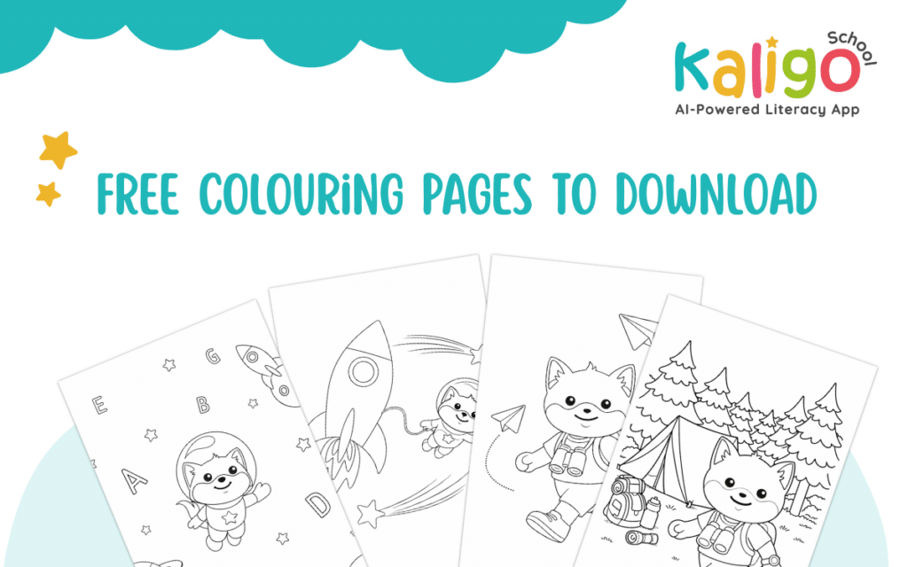 Free colouring pages to download four children’s colouring sheets: two space-themed pages with rockets, stars, and an astronaut character, and two camping-themed pages, a tent, trees, and paper airplanes.