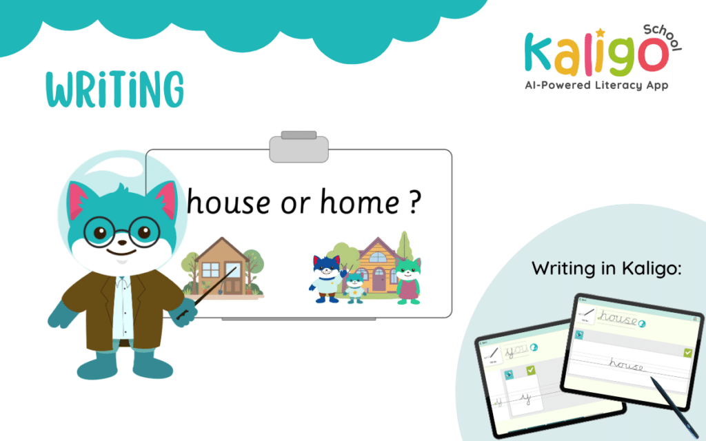 Primary education writing activity comparing “house” and “home” to develop vocabulary skills, with a tablet using a learning app