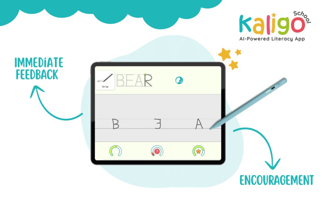 Kaligo School literacy app on a tablet. The screen shows a handwriting exercise where the word 'BEAR' is being traced with a stylus. Three arrows point to key features labeled 'IMMEDIATE FEEDBACK', and 'ENCOURAGEMENT'. The Kaligo School logo is in the top right corner.