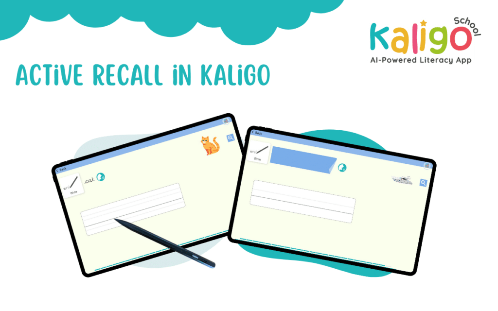 Kaligo School literacy app demonstrating active recall handwriting exercises on tablets to improve spelling and memory retention in children.