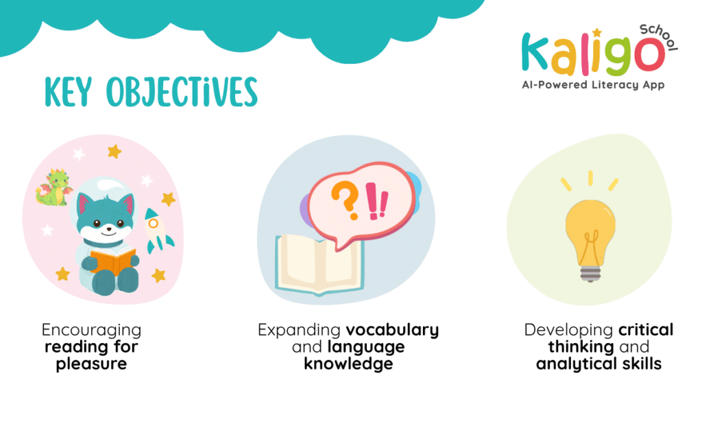 Primary school reading objectives including reading for pleasure, vocabulary expansion and critical thinking development