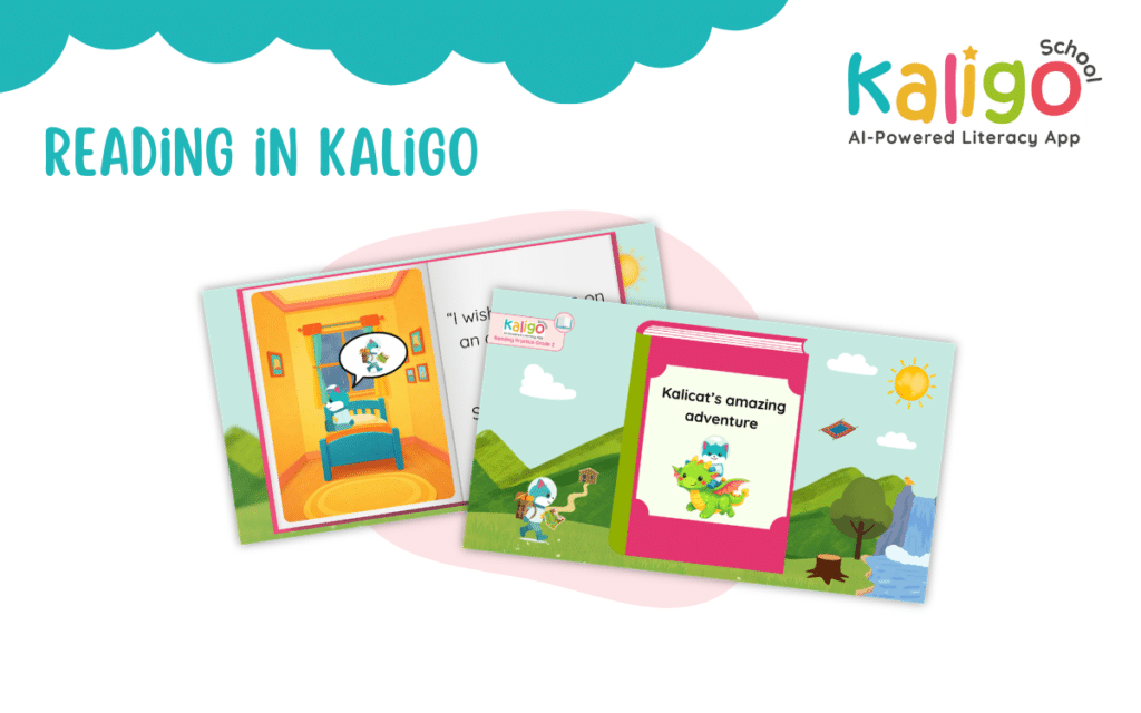 Reading practice in the Kaligo literacy app with colorful illustrated storybooks for students